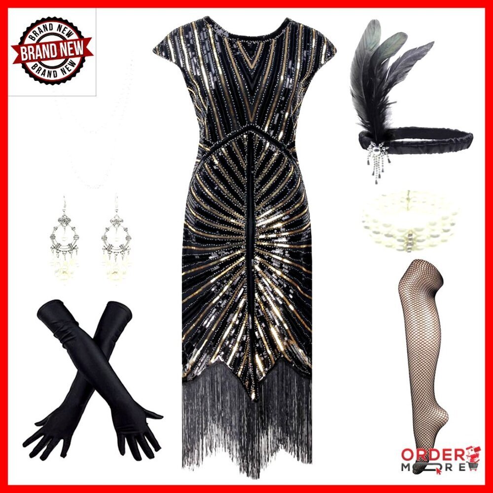 1920s Flapper Sequin Fringed Party Dress with Headpiece